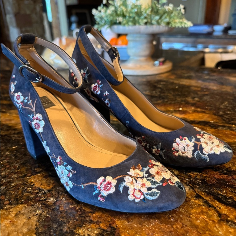 Floral Embroidered Navy Heels